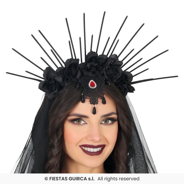 Diadème avec voile et fleurs noires